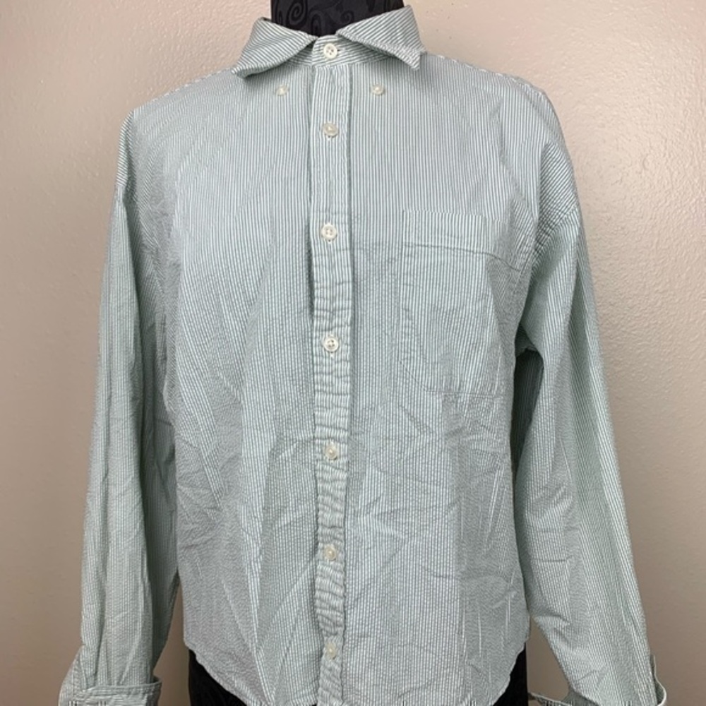 L.L Bean long Sleeve Pin Striped Green White Shirt